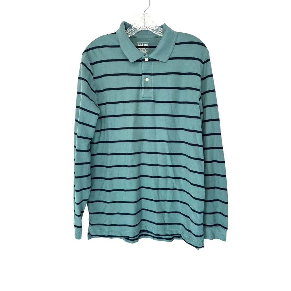 L.L. Bean Men's Green Striped Casual Traditional Fit Long‎ Sleeve Polo Shirt Med